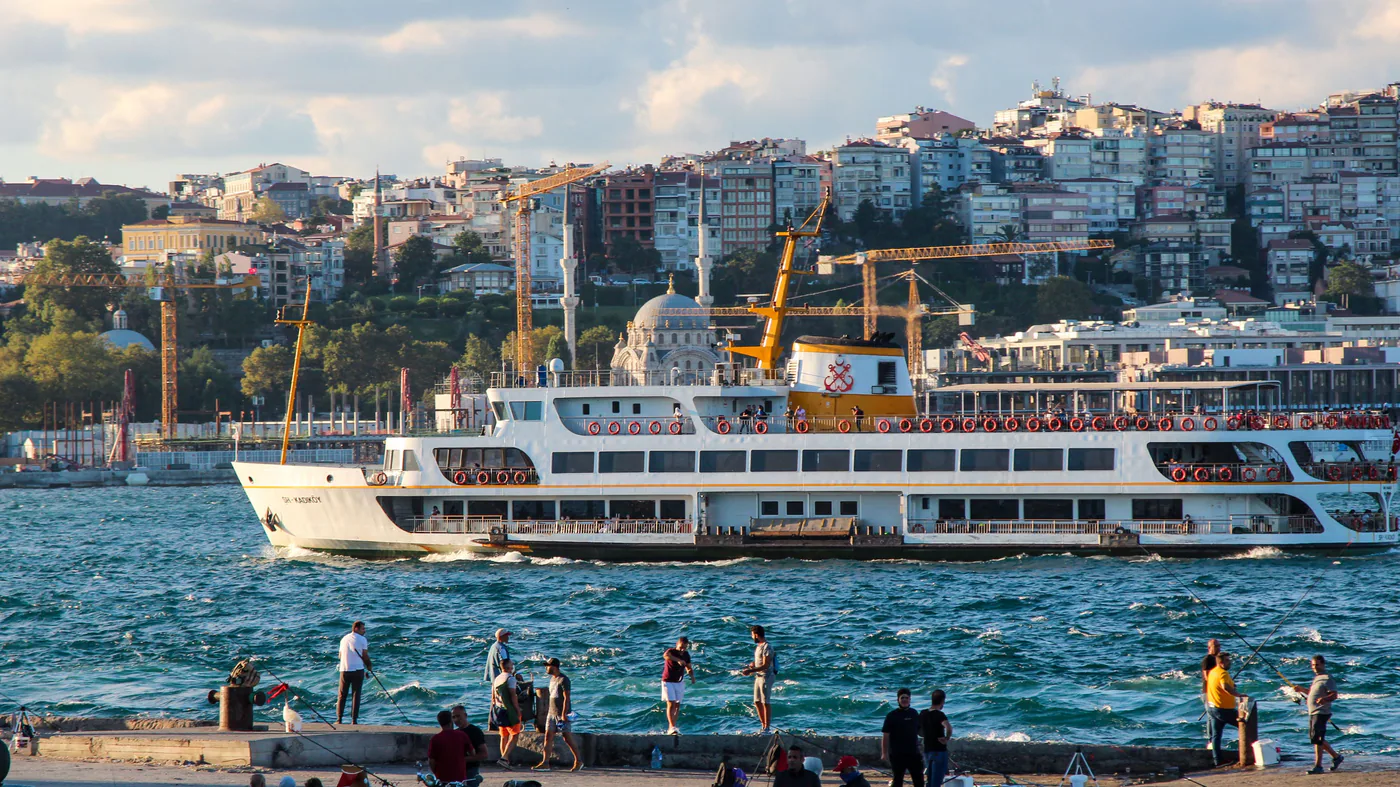 A ferry on the Bosphorus below the hillside streets of Cihangir