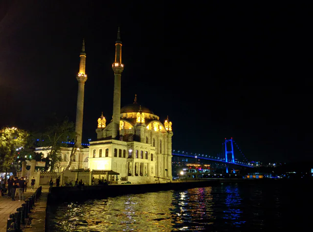 Ortaköy Mosque and the Bosphorus bridge illuminated at night